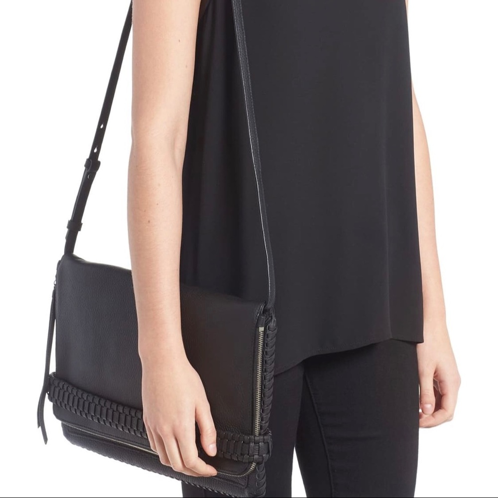 ALLSAINTS Black Leather Crossbody Convertible Clutch Bag Large Foldover Purse